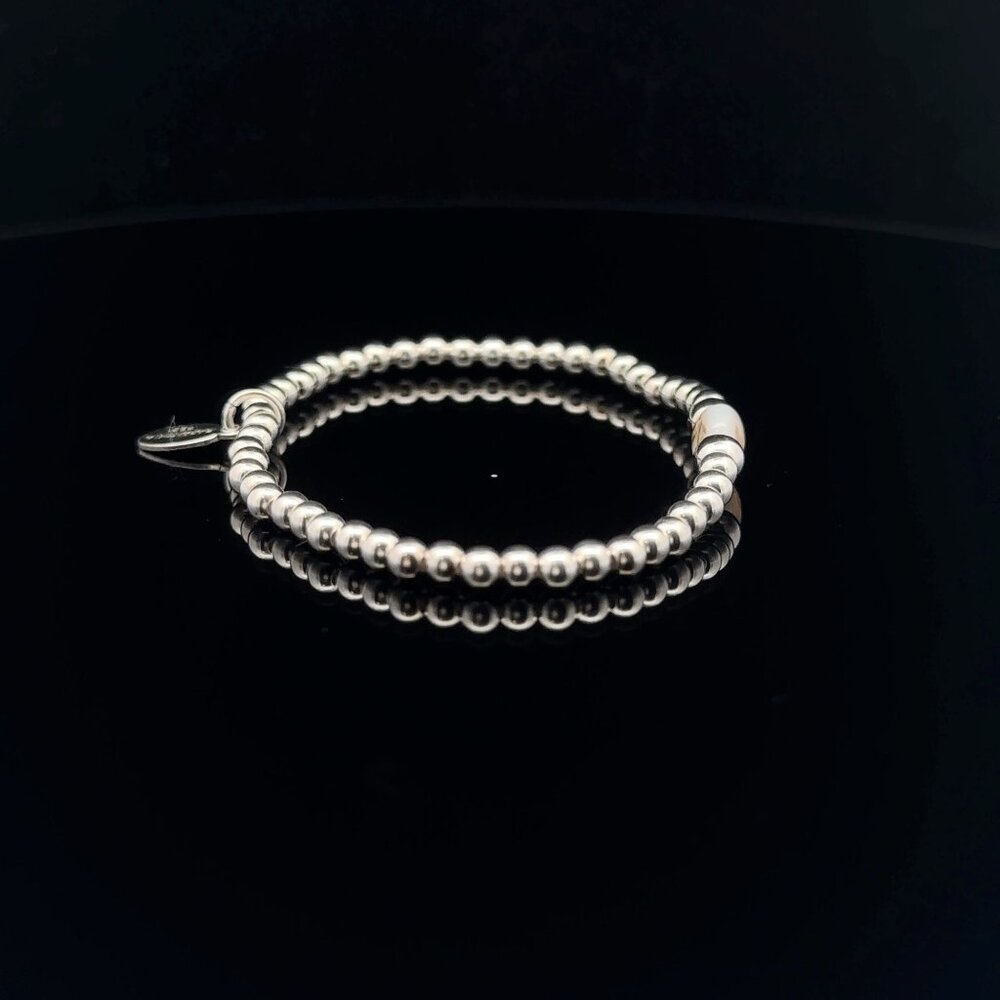 925 Sterling Silver Beaded Stretch Stacking Bracelet MOP Letter Initial M - Picture 5 of 6